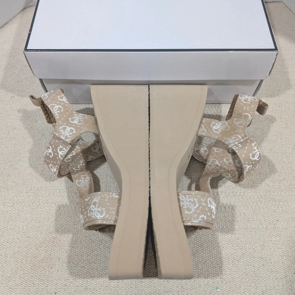 Guess Daysa Quattro‎ G Strappy EVA Wedge Sandals Light Natural 8M NIB